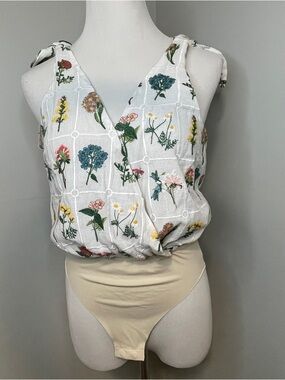 White Floral Tie-Shoulder V-Neck Blouson Botanical Floral Embroidered Bodysuit